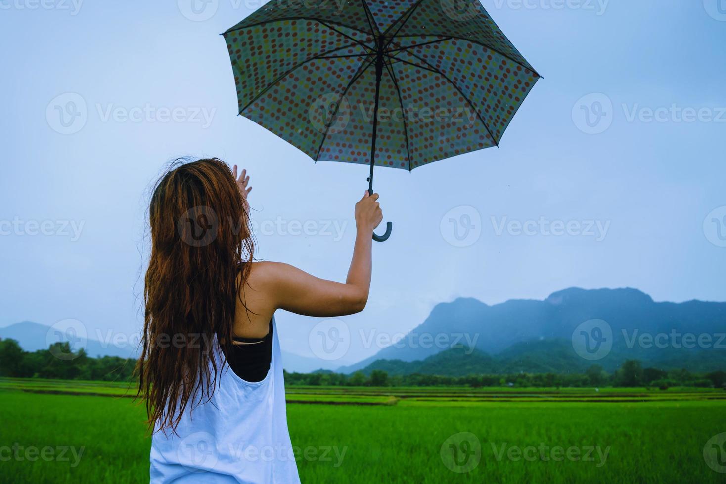 le donne asiatiche viaggiano rilassarsi durante le vacanze. le donne in piedi regge un ombrello sotto la pioggia felici e si godono la pioggia che sta cadendo. viaggiare in campagna, risaie verdi, viaggiare in thailandia. foto