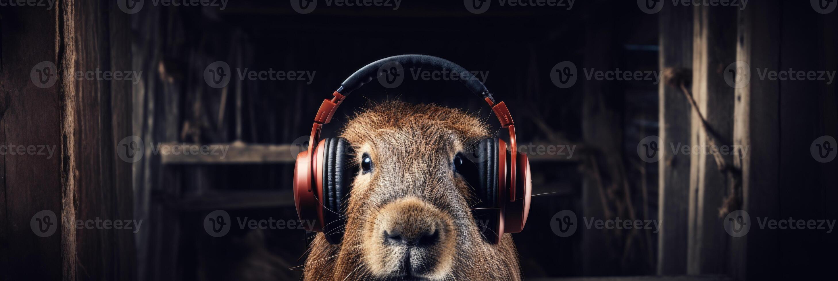 ai generato capibara dj indossare cuffie ascolta per musica con copia spazio per testo e design elementi foto
