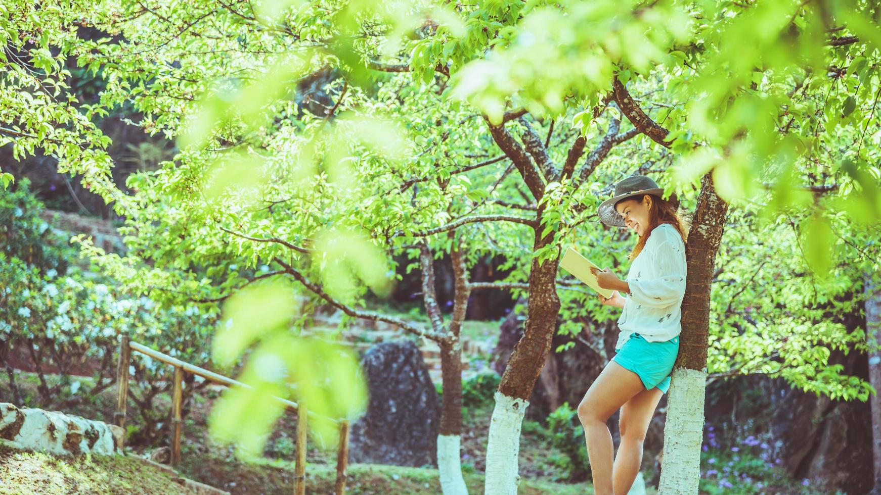 natura di viaggio donna asiatica. viaggiare rilassati. libro di lettura sul nel parco. in estate. foto