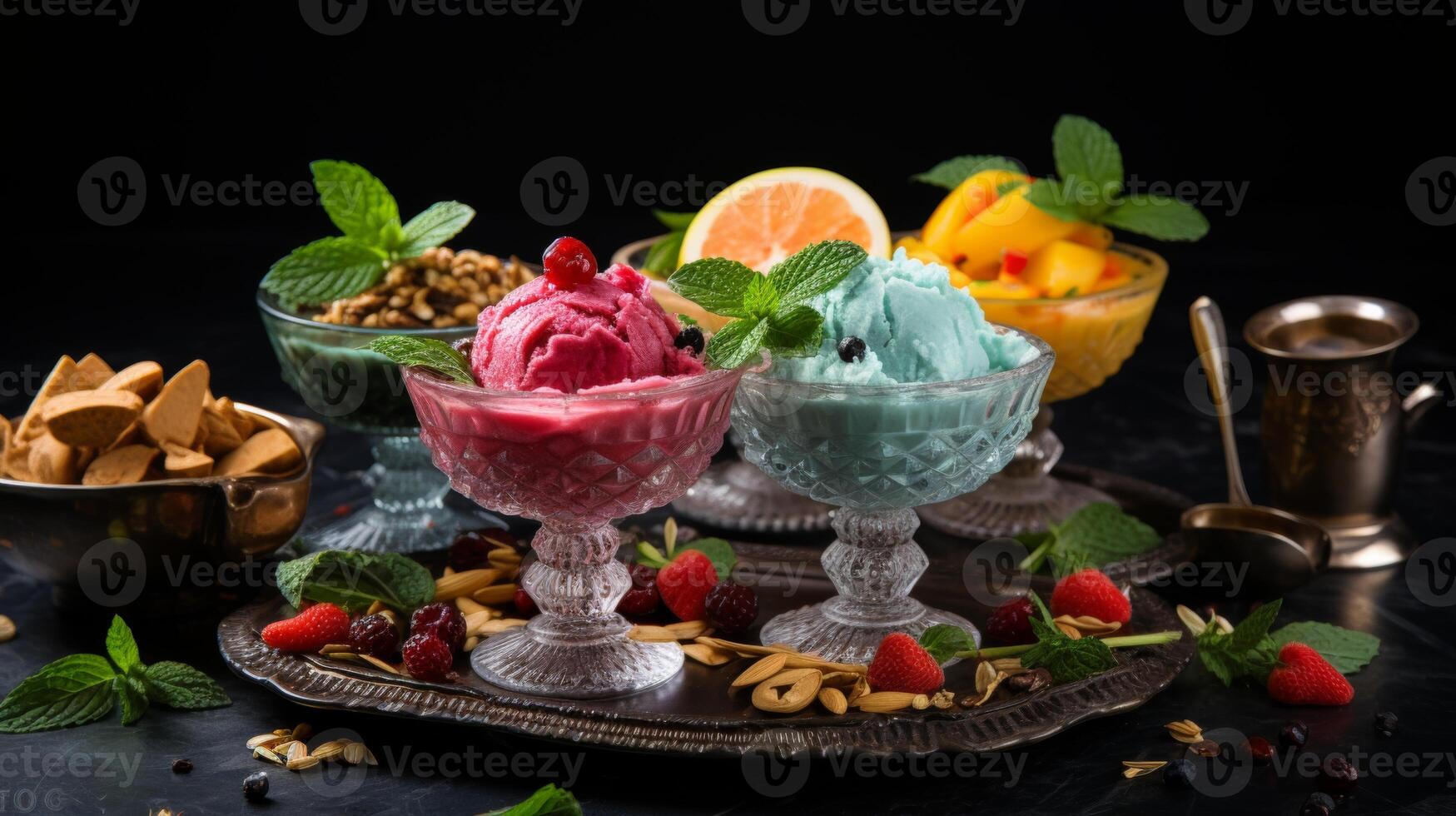 ai generato colorato ghiaccio creme con unico condimenti, visivamente attraente e pronto per essere goduto foto