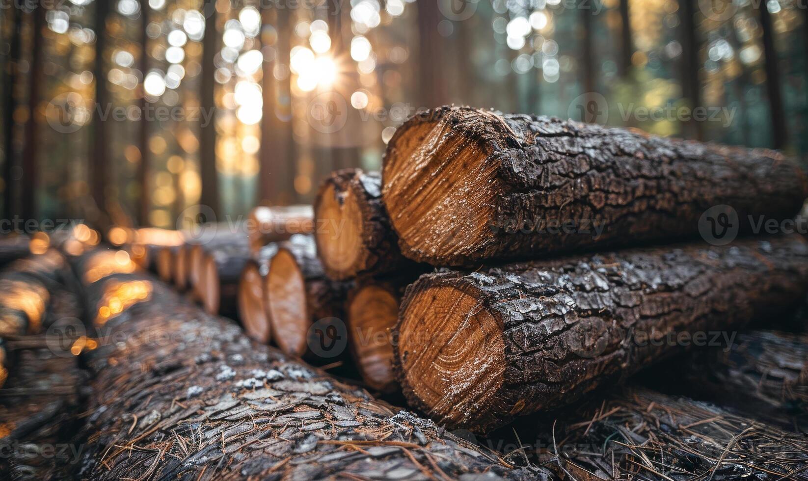 ai generato log tronchi mucchio il registrazione legname foresta legna industria. largo bandiera o panorama di legna tronchi foto