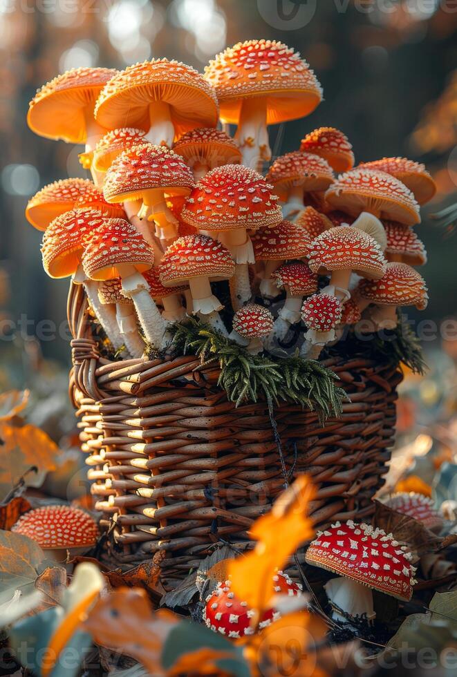 ai generato autunno raccogliere di funghi nel il cestino nel il foresta foto