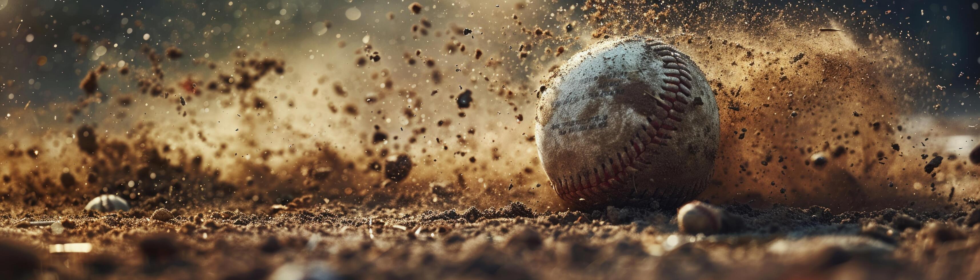 ai generato un' avvicinamento di un' baseball su il terra cattura un' dinamico momento di urto foto