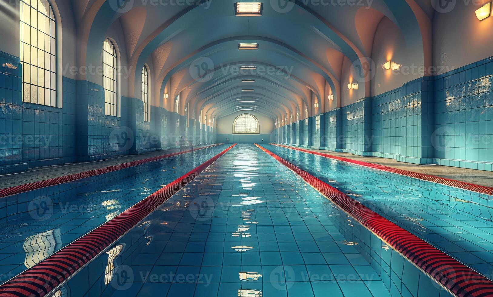 ai generato nuoto piscina nel Palestra con archi e finestre foto