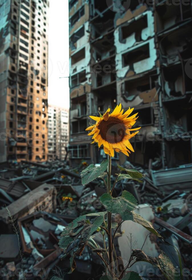 ai generato girasole in crescita nel il mezzo di il macerie di distrutto edificio foto