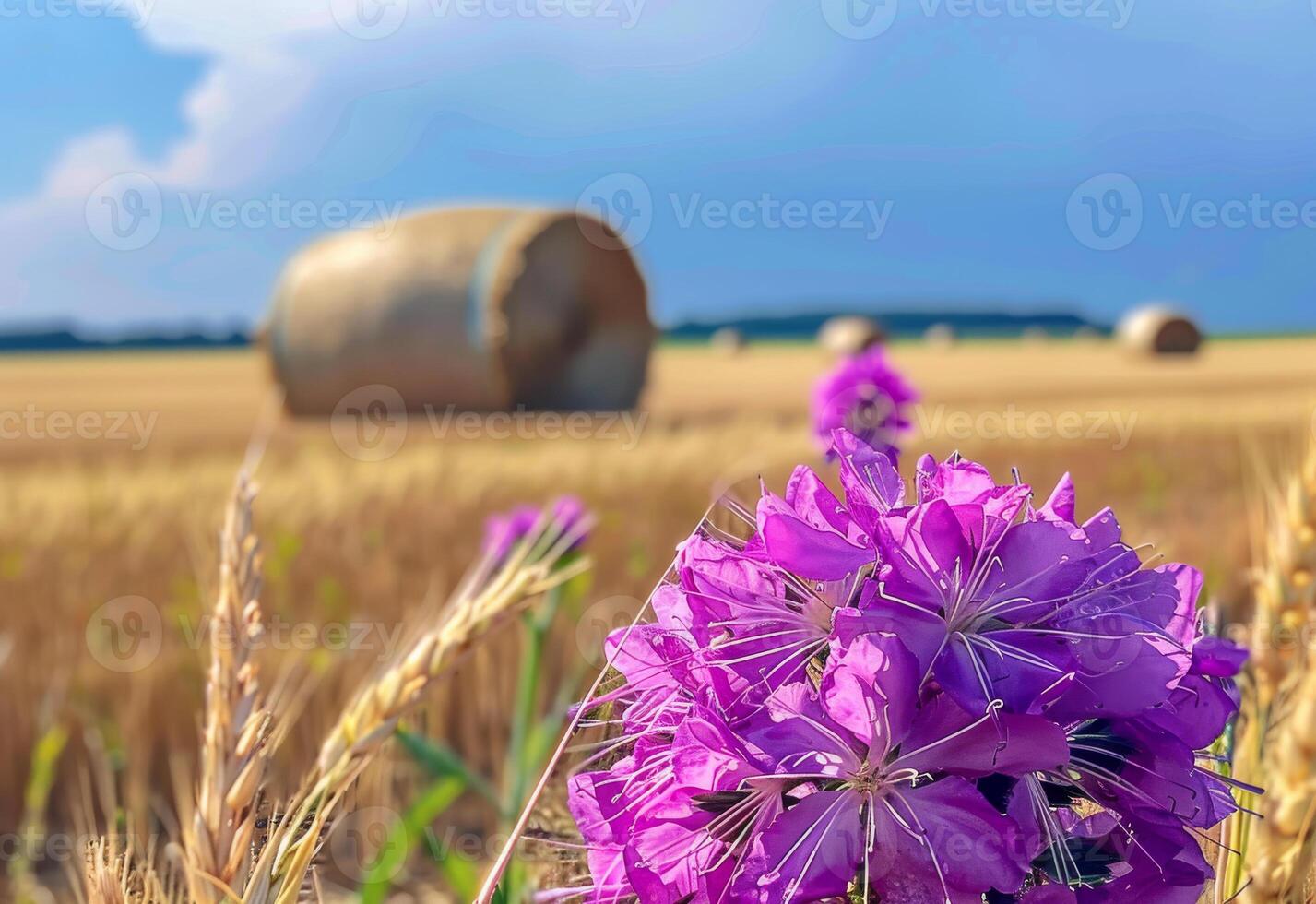 ai generato viola fiori e fieno balle nel il campo foto