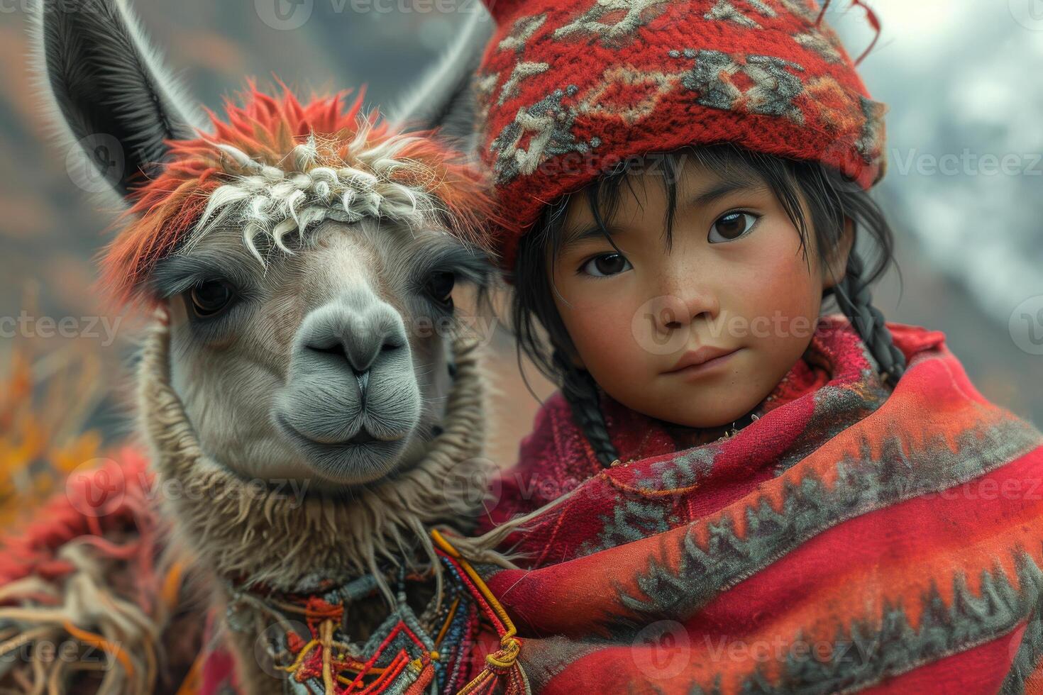 ai generato peruviano ragazza e sua lama. un' giovane lama è in piedi Il prossimo per un altro poco bambino foto