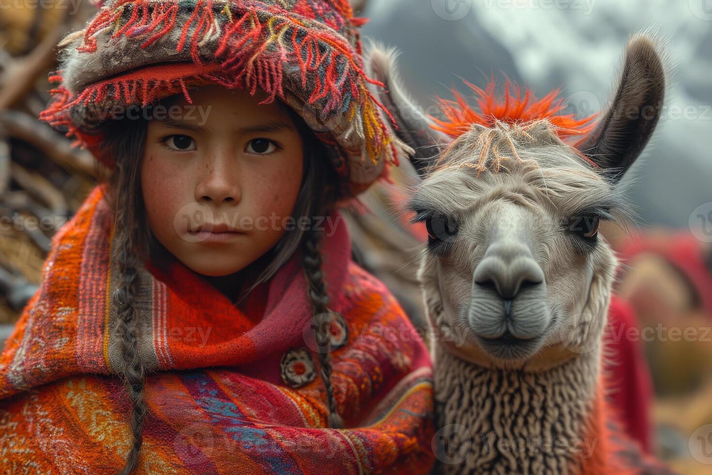 ai generato peruviano ragazza e sua lama. un' giovane lama è in piedi Il prossimo per un altro poco bambino foto