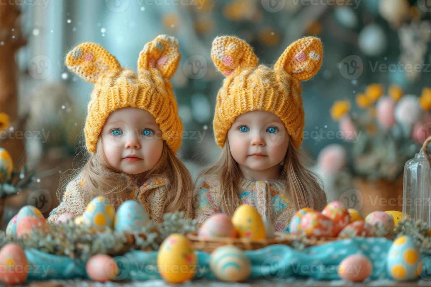 ai generato Due poco ragazze nel a maglia coniglietto orecchie sedersi Il prossimo per il Pasqua cestino con colorato uova foto