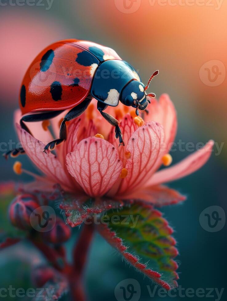 ai generato coccinella su fiore. un' bellissimo signora insetto nel il giardino foto