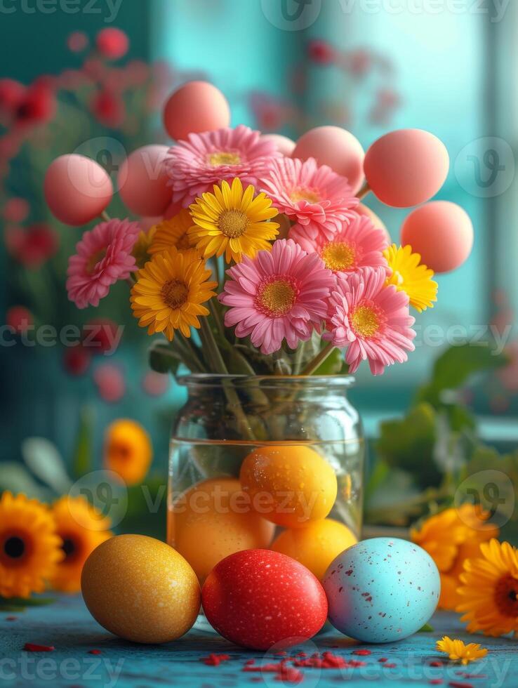 ai generato colorato Pasqua uova e rosa fiori nel bicchiere vaso su blu di legno sfondo. un' mazzo di colorato uova nel bicchieri foto