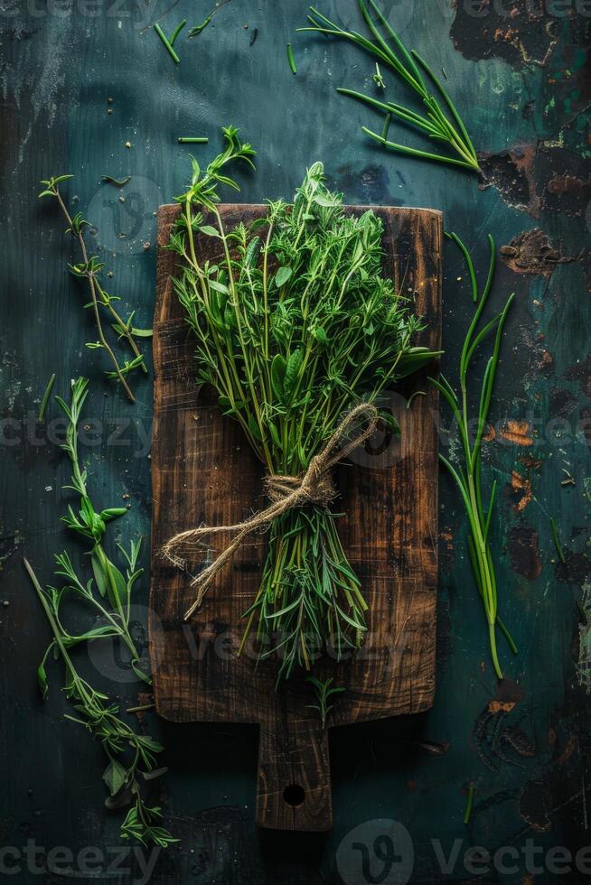 ai generato mazzo di fresco verde erbe aromatiche su taglio tavola superiore Visualizza foto