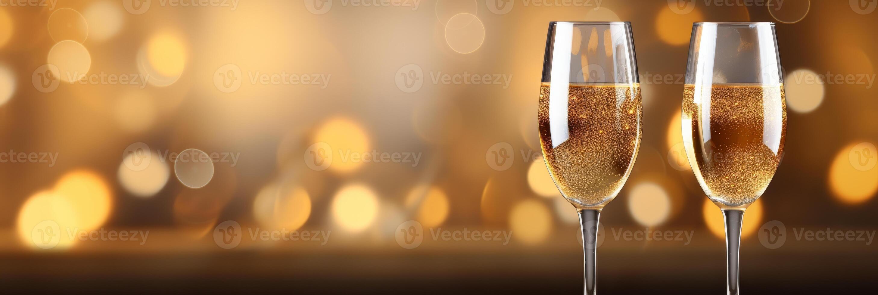 ai generato elegante Champagne bicchieri su festivo bokeh bandiera con spazio per testo copywriting foto