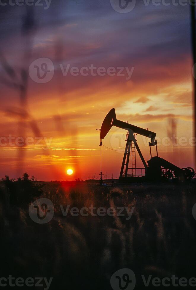 ai generato olio pompa nel il olio campo a tramonto foto