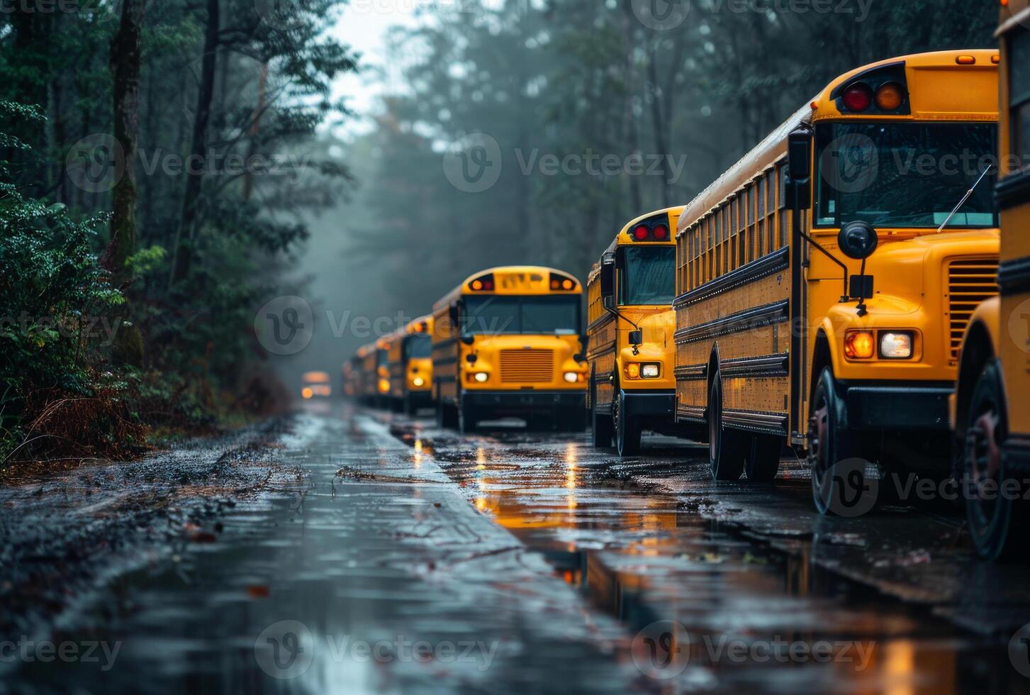 ai generato scuola autobus parcheggiata nel il pioggia foto