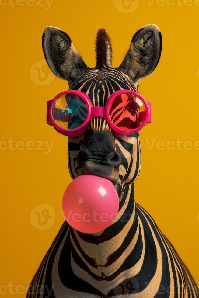 ai generato zebra masticazione gomma da masticare indossare cuore sagomato occhiali da sole foto