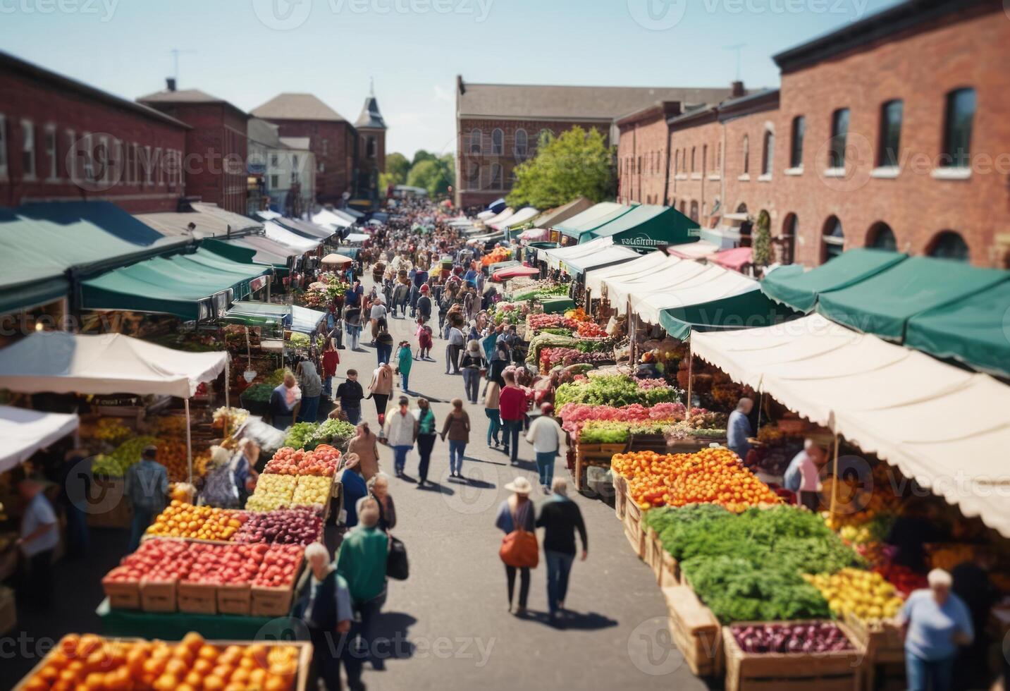 ai generato un all'aperto mercato strada trambusto con attività come fornitori e gli acquirenti ingaggiare. il vivace atmosfera è catturato nel Questo vivace urbano scena. foto