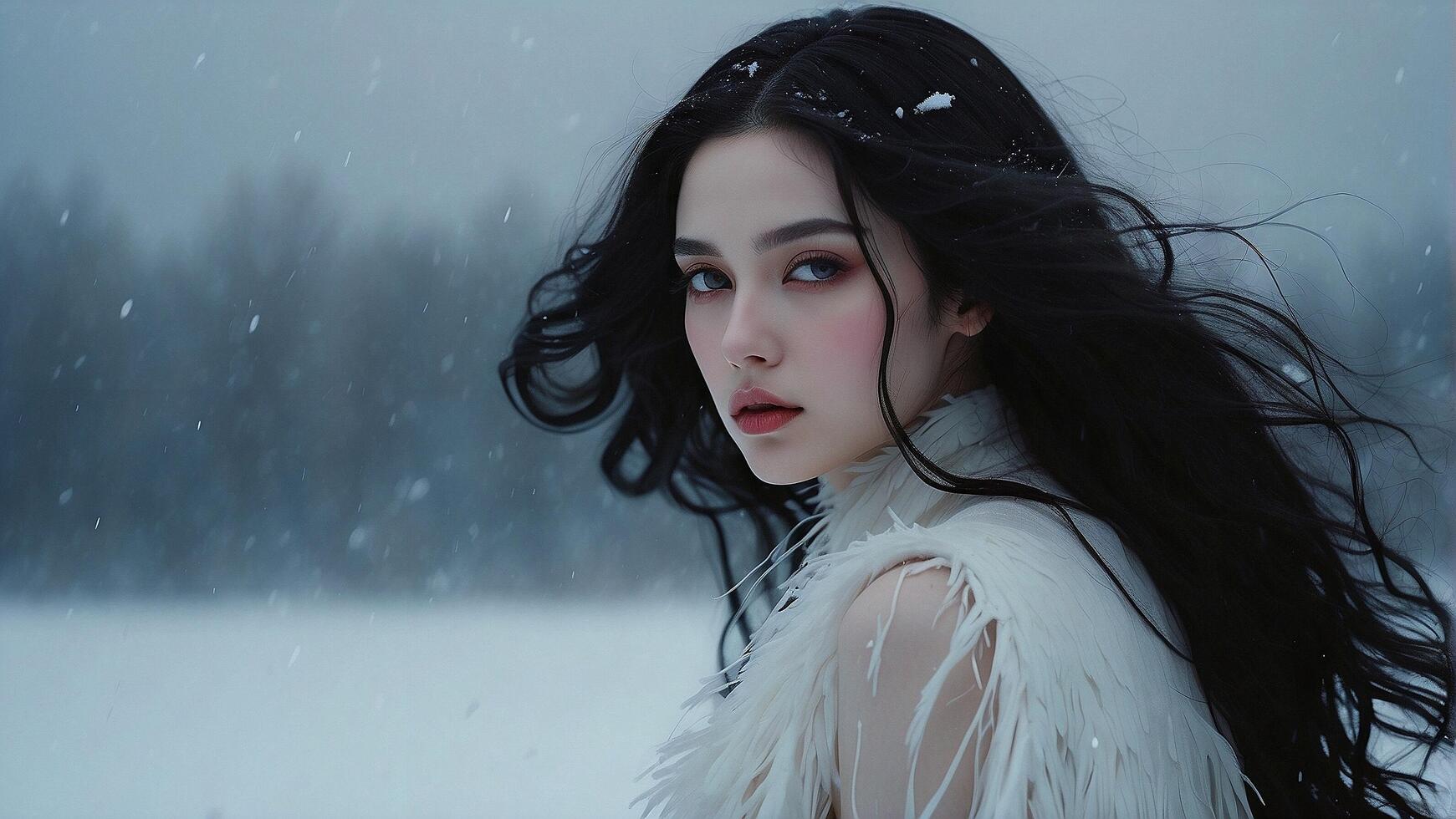 ai generato un' donna con lungo nero capelli nel il neve foto