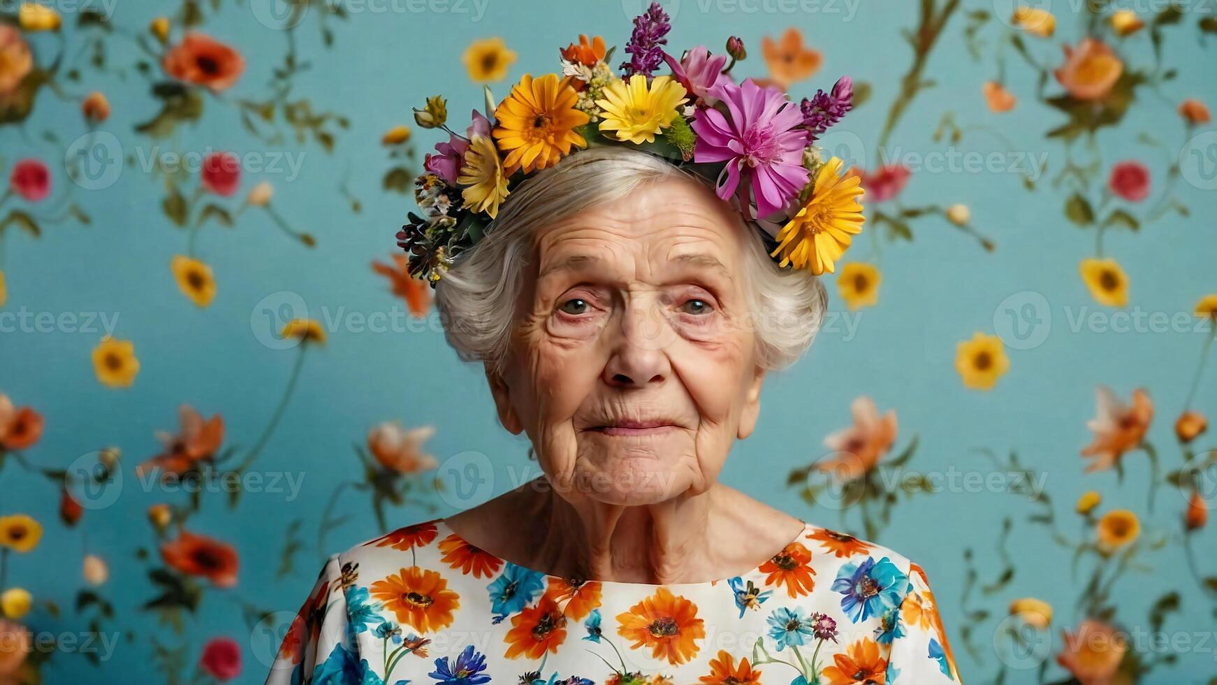 ai generato anziano donne con un' fiore corona foto