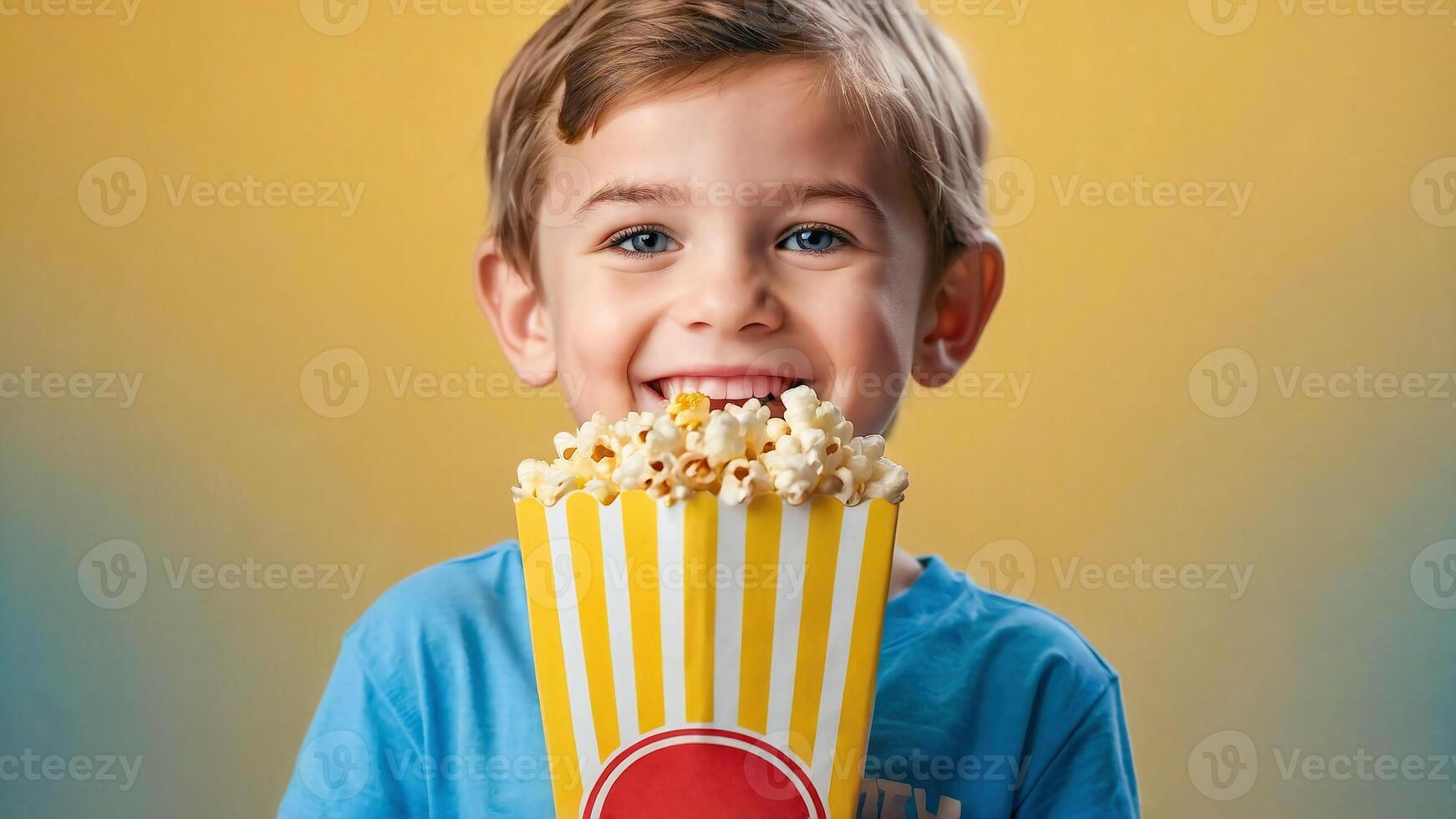 ai generato un' bambino con 3d bicchieri e Popcorn foto