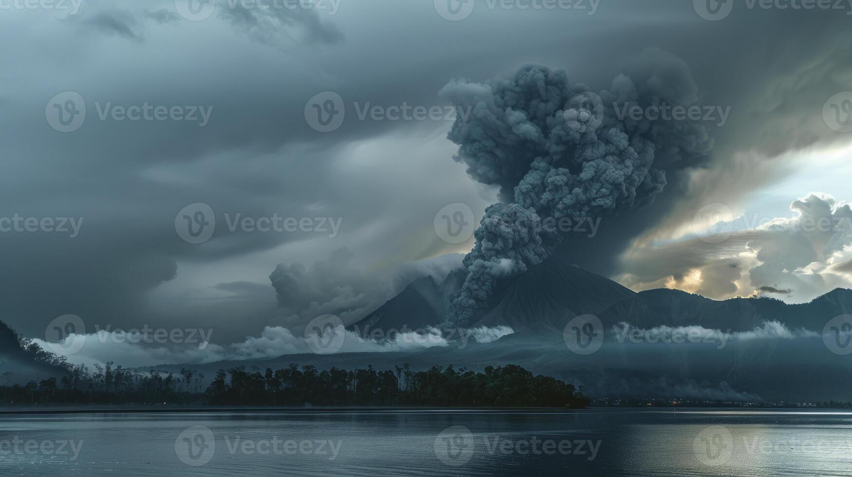 ai generato vomitando Fumo e buio grigio nuvole al di sopra di il isola. foto