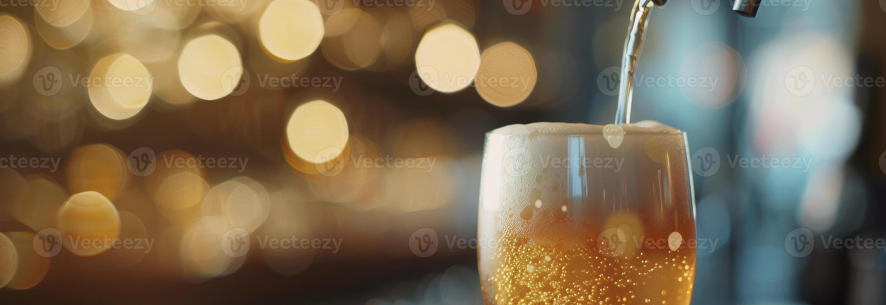 ai generato birra essere versato in un' bicchiere bokeh sfondo foto