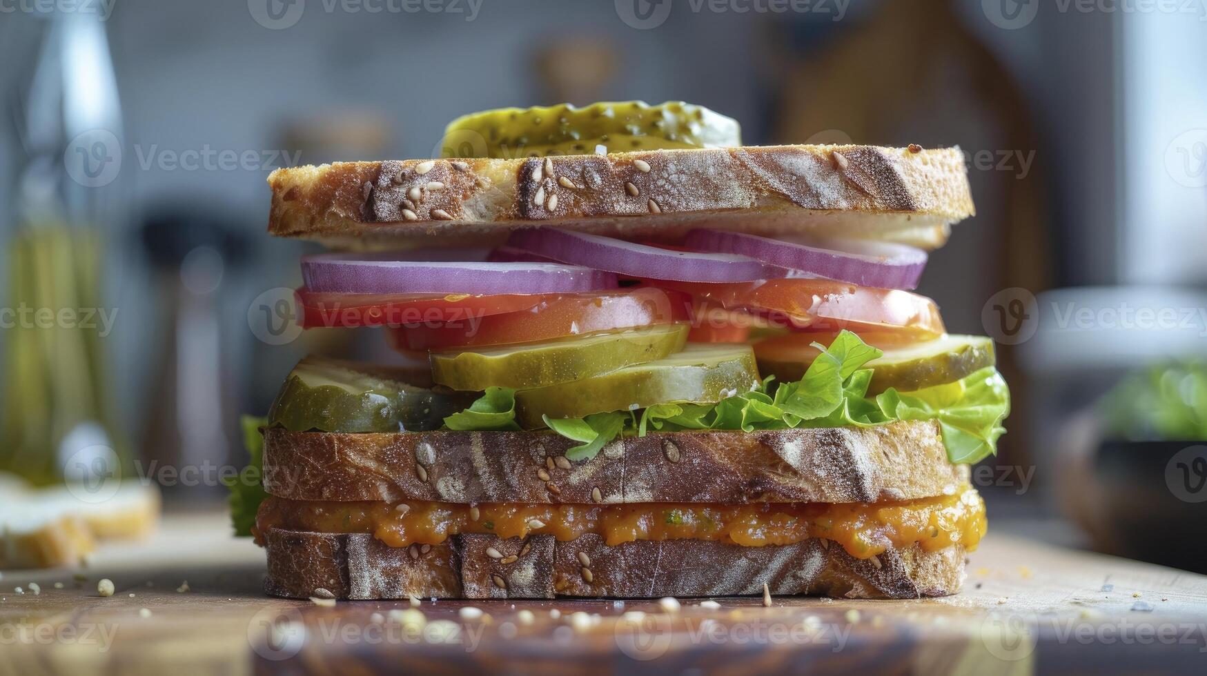 ai generato comfort cibo fatti in casa Sandwich con piccante arancia differenza, sormontato con cipolla, pomodoro, e sottaceti, nel un' accogliente casa cucina ambientazione foto