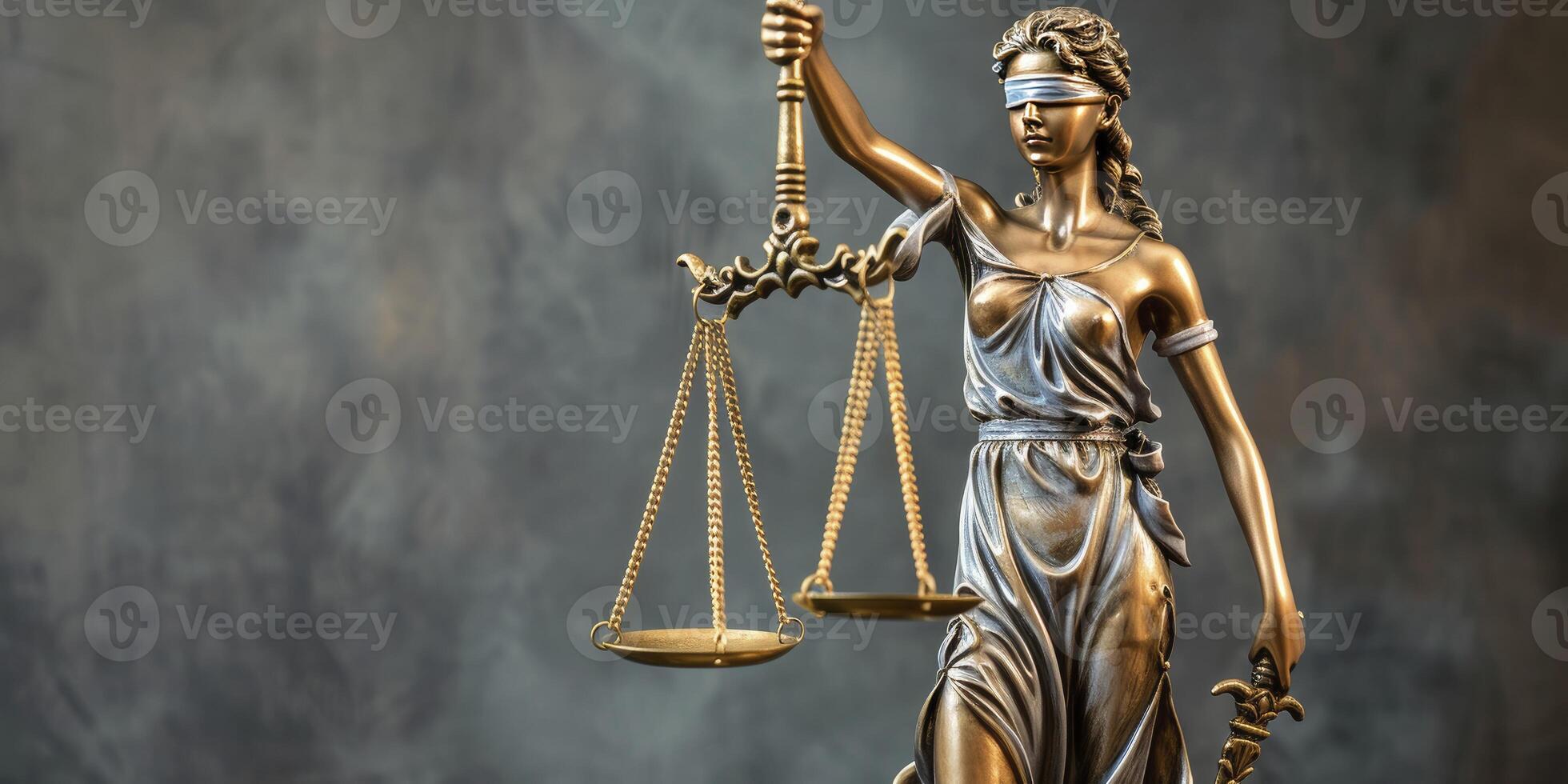 ai generato giustizia incarnato. signora giustizia statua con bilancia di giustizia, simboleggiante legale integrità e equità. foto