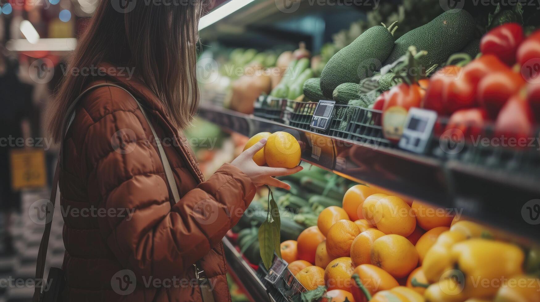 ai generato avvicinamento donna shopping verdure nel il supermercato memorizzare foto