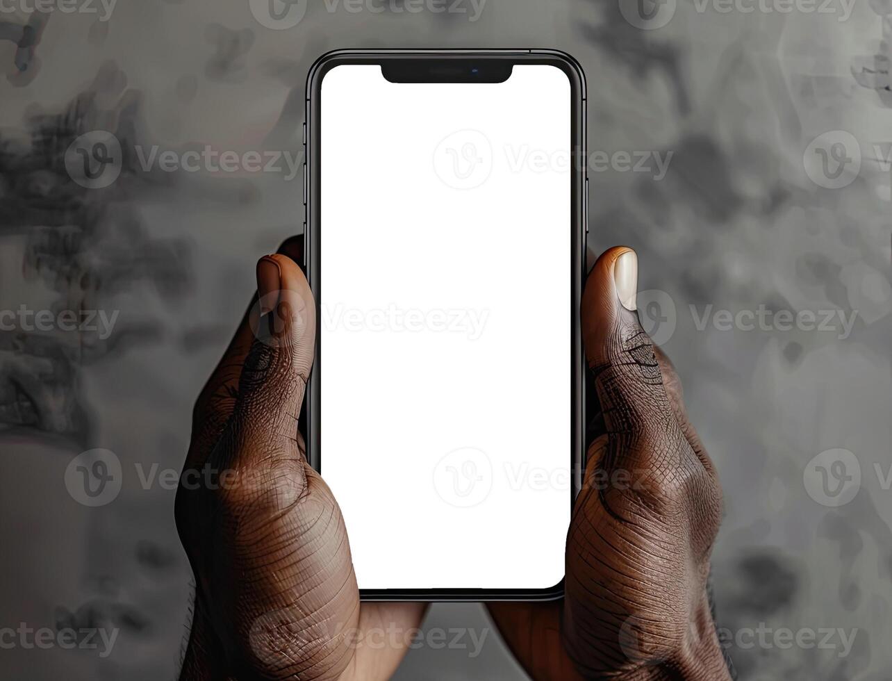 ai generato moderno smartphone modello. mano Tenere smartphone con bianca vuoto schermo. foto