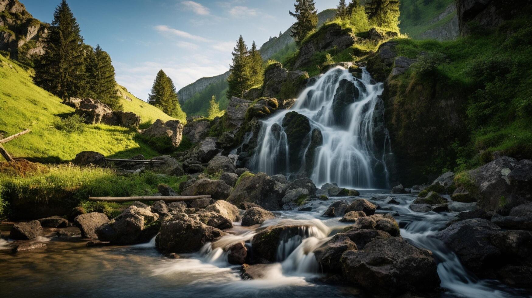 ai generato montagna cascate e cascate sfondo foto