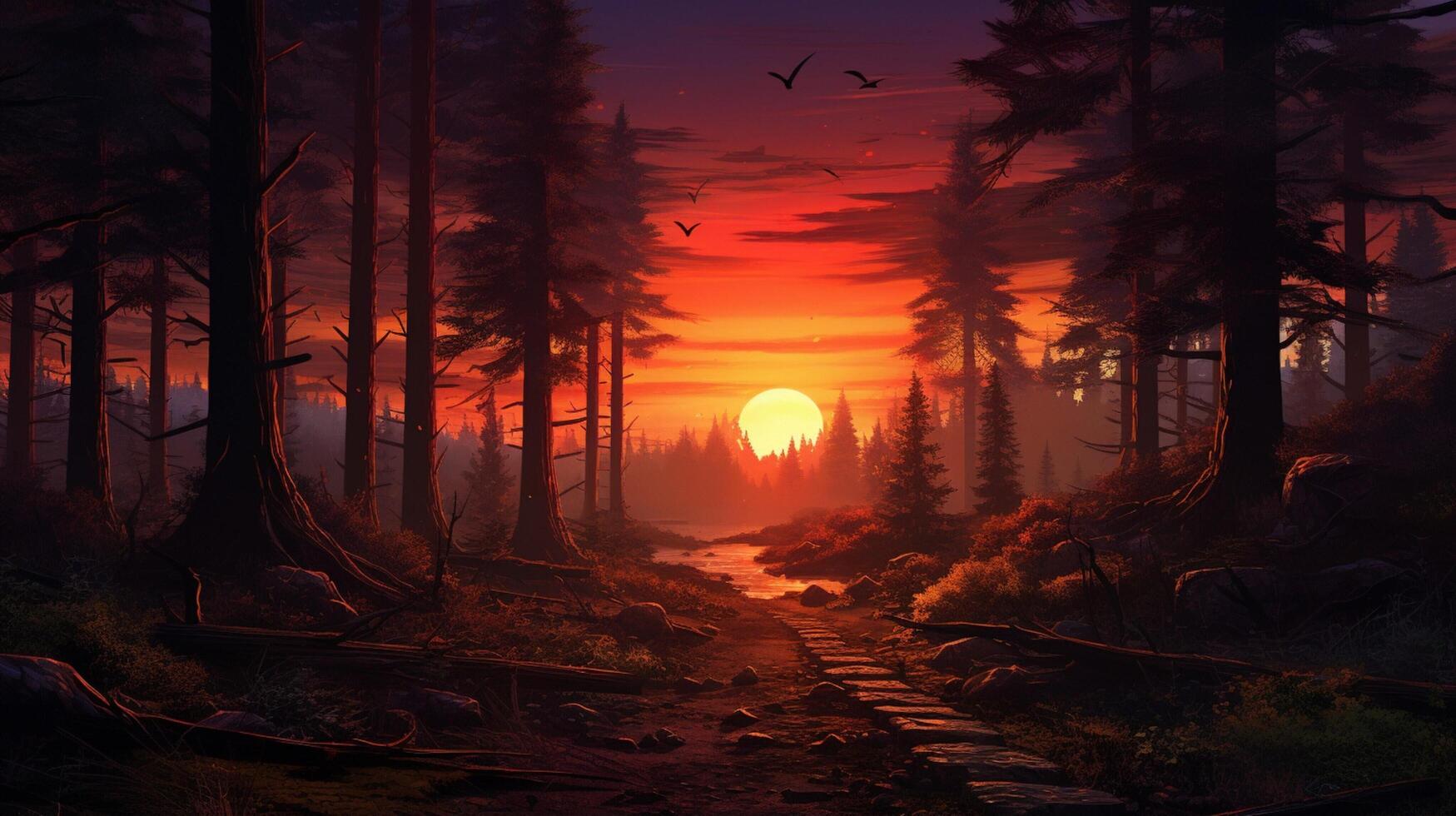 ai generato misterioso foresta tramonto sfondo foto