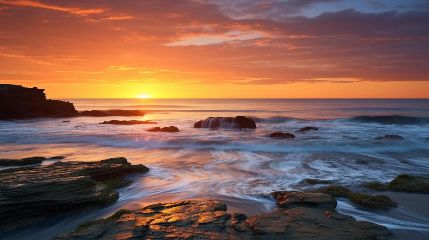 ai generato tranquillo, calmo costiero tramonto sfondo foto