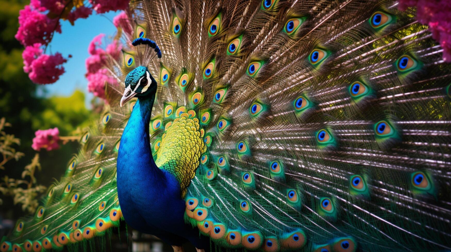 ai generato un' pavone è in piedi nel davanti di fiori foto