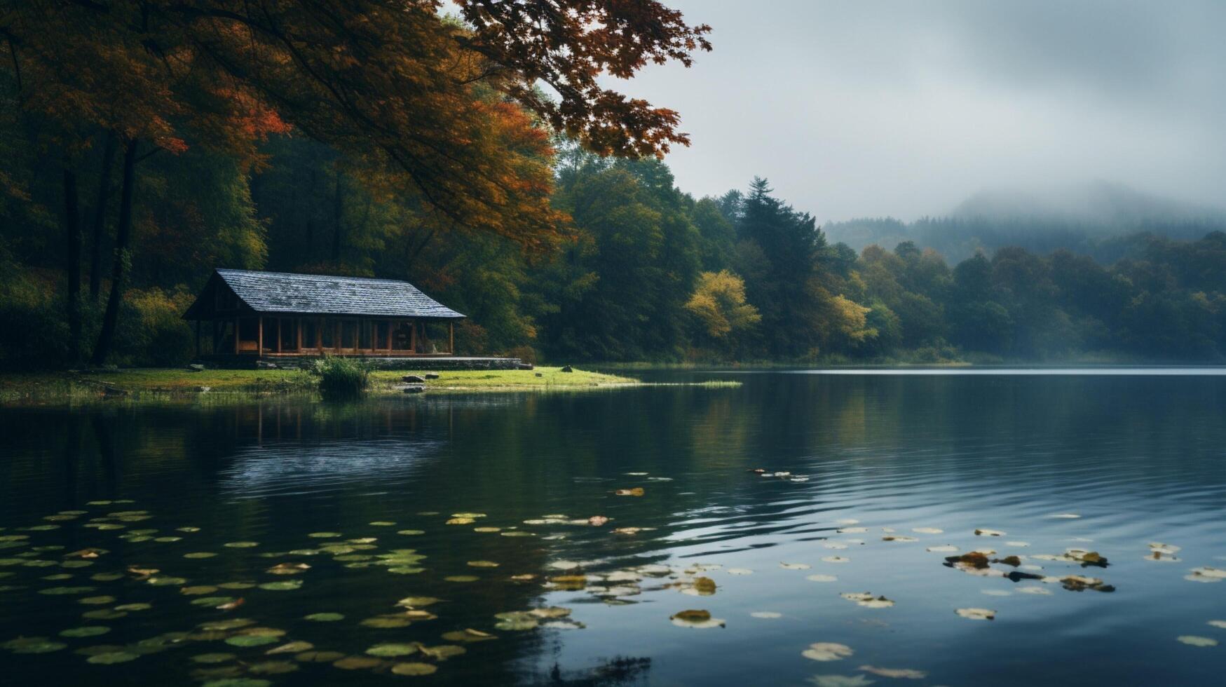 ai generato piovoso in riva al lago serenità sfondo foto