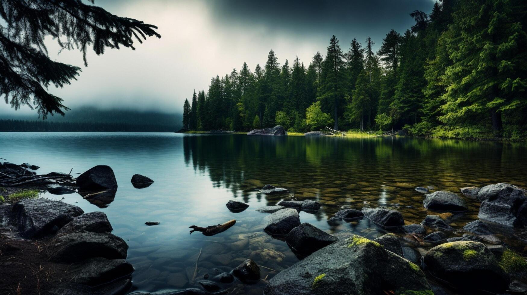 ai generato piovoso lago sfondo foto