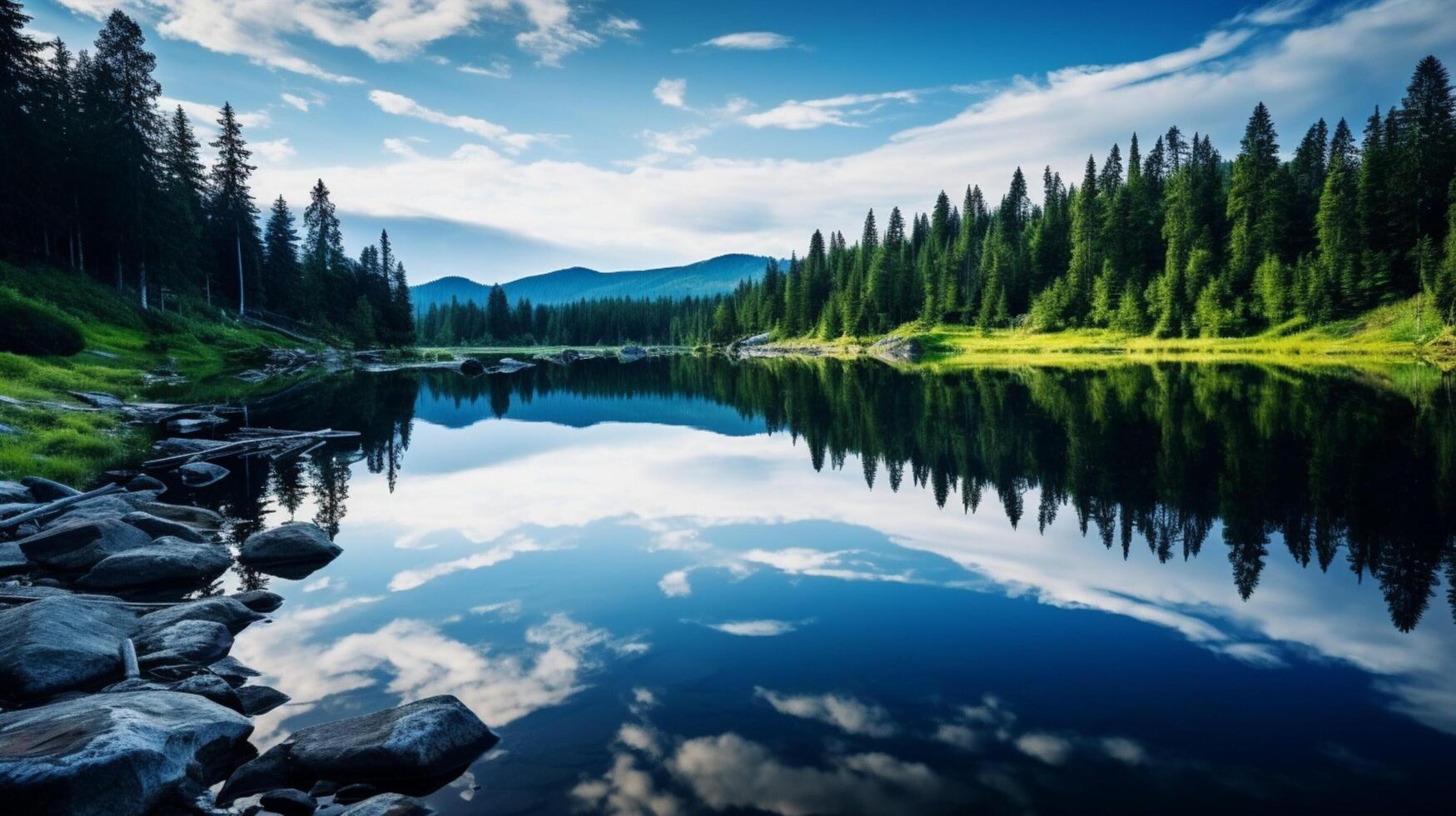 ai generato un' fiume fluente attraverso un' verde foresta foto