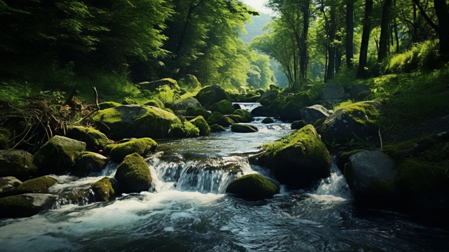 ai generato un' fiume fluente attraverso un' verde foresta foto