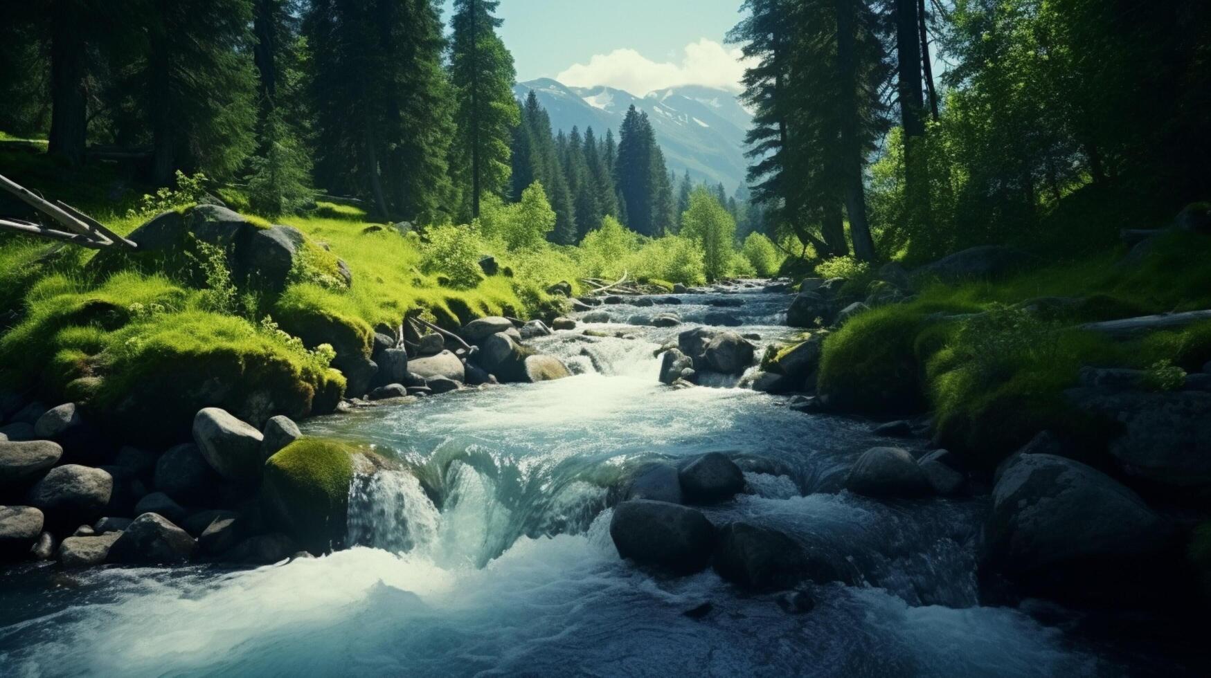 ai generato un' fiume fluente attraverso un' verde foresta foto