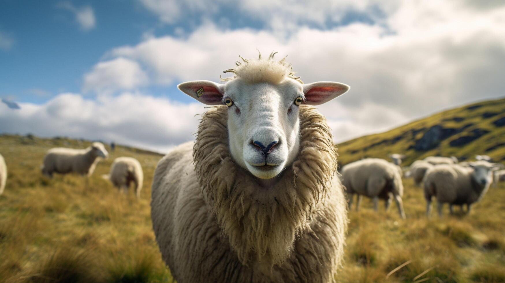 ai generato un' pecora sta su un' collina prospiciente un' valle foto