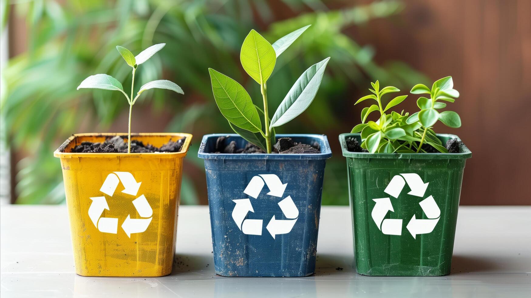 ai generato in vaso piantine con raccolta differenziata simboli, eco-friendly concetto foto