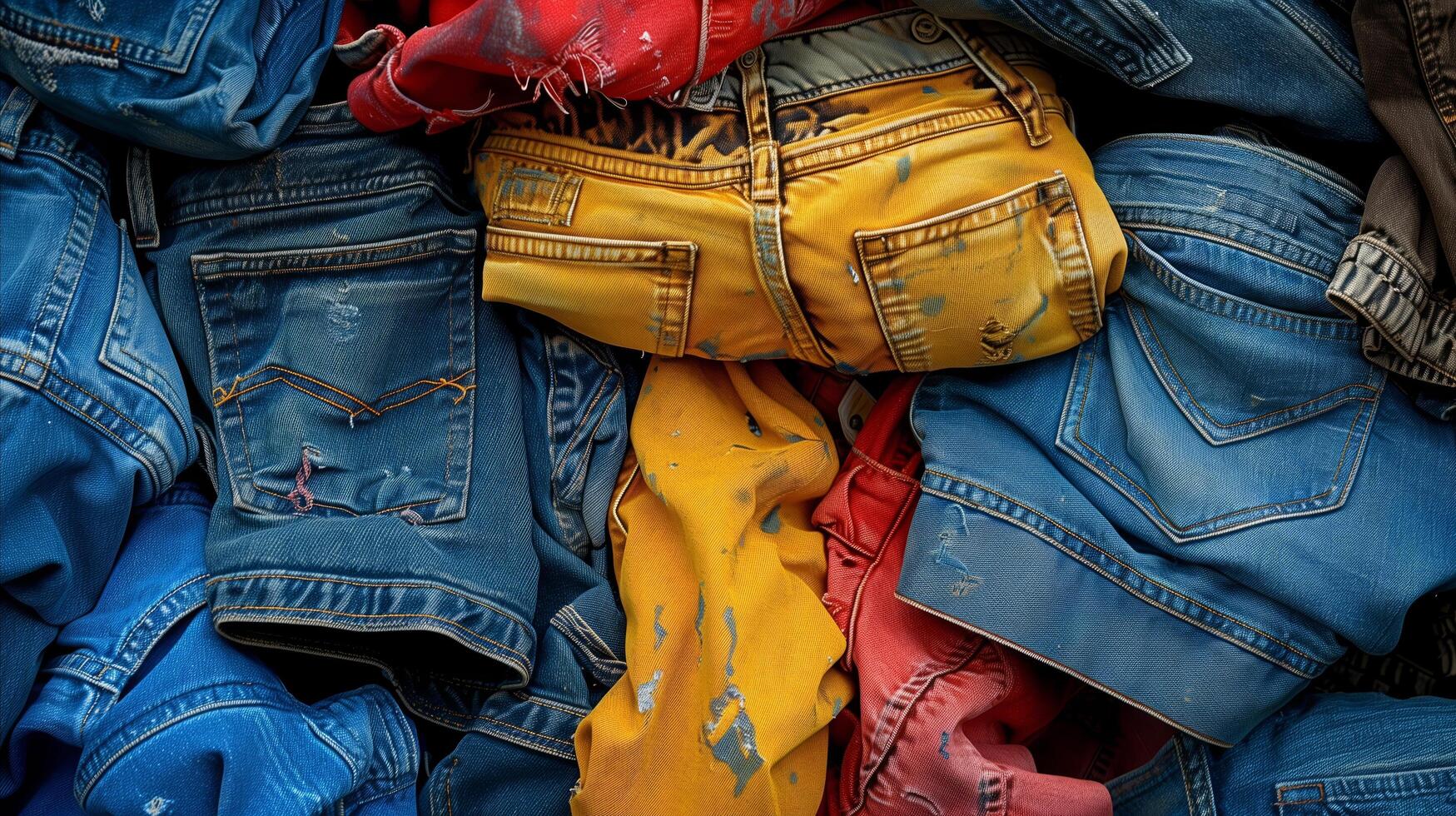 ai generato colorato sostenibile moda jeans mucchio avvicinamento foto