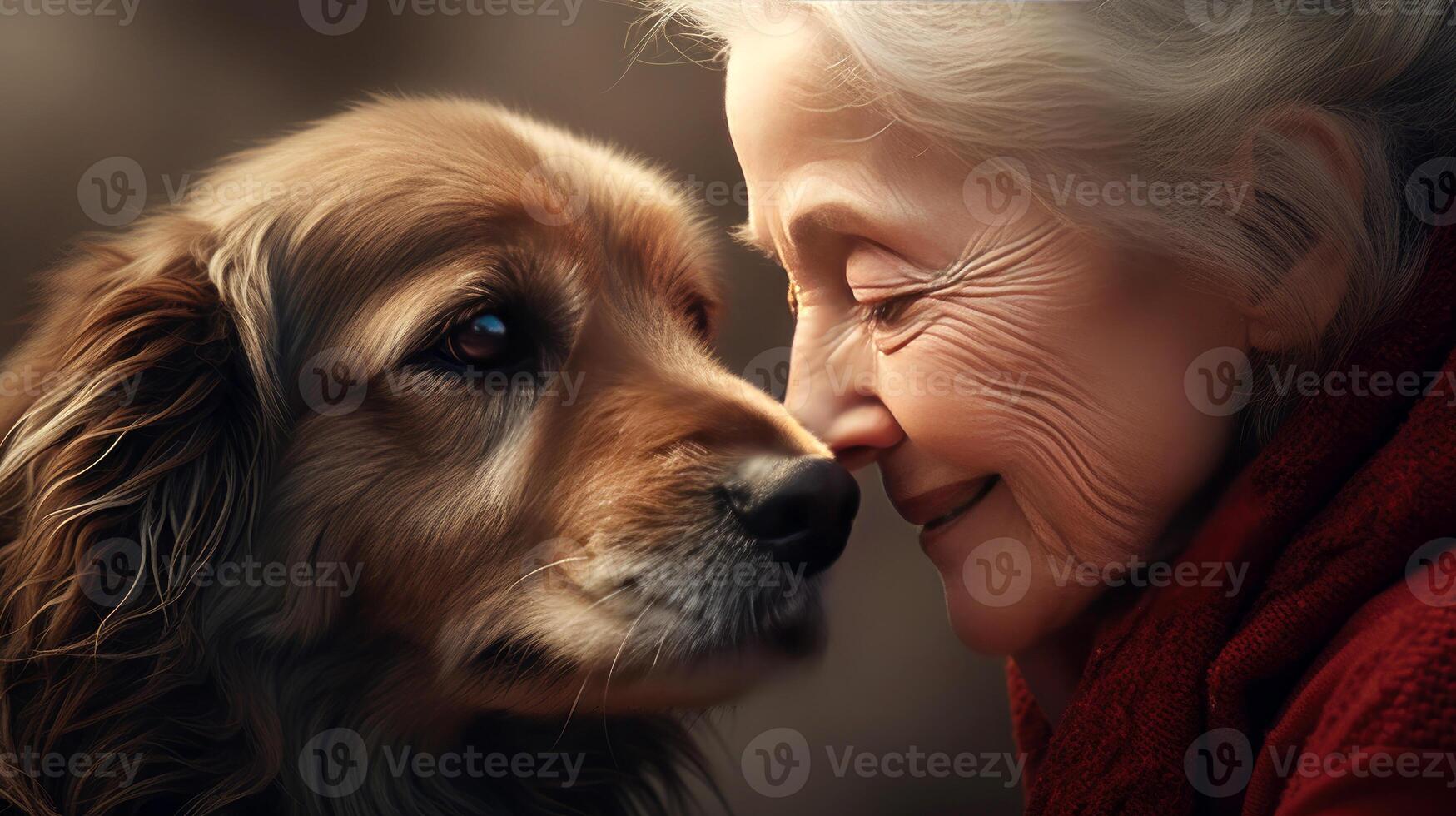 ai generato vecchio signora e cane da riporto cane avvicinamento ritratto. amicizia e tenero sentimenti fra umano e animale concetto. ai generato illustrazione. foto