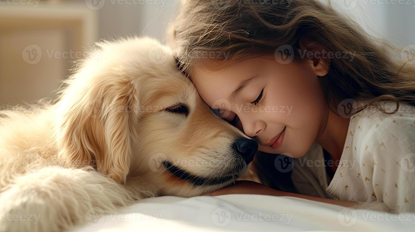 ai generato bellissimo ragazza abbracciare d'oro cane da riporto cucciolo avvicinamento ritratto. amicizia e tenero sentimenti fra umano e animale concetto. ai generato illustrazione. foto