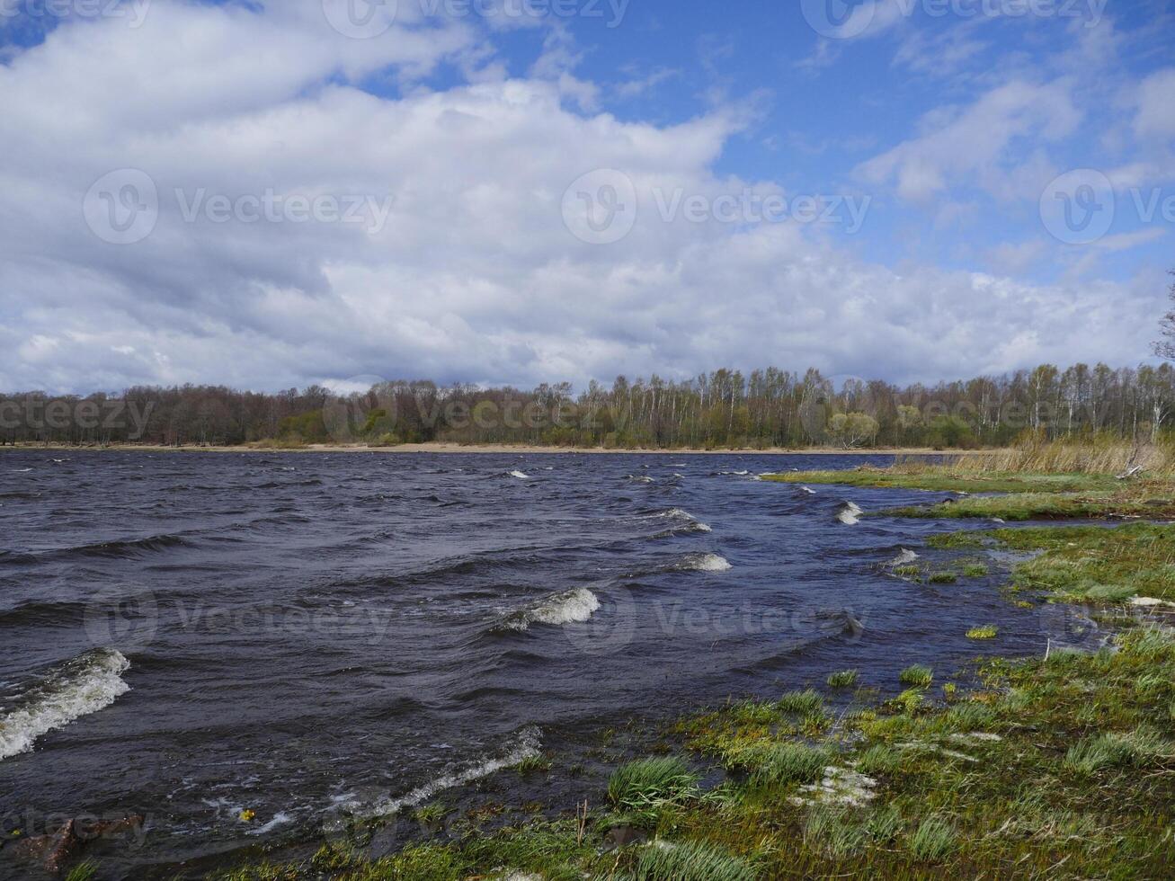 forte vento solleva un' onda con bianca schiuma, primavera paesaggio di il lago foto