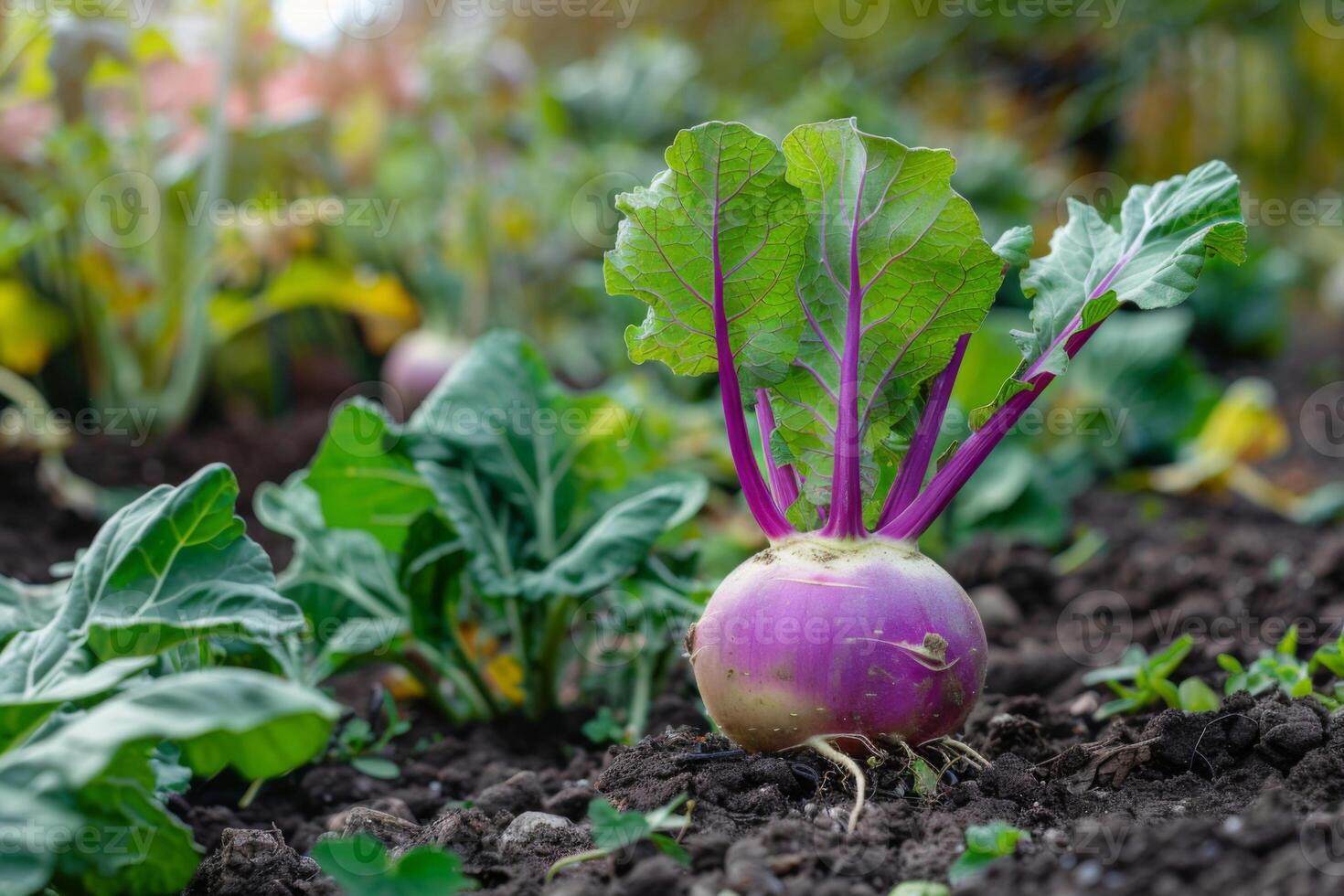 ai generato viola e verde cavolo rapa verdura cresce nel il biologico giardino suolo illustrare agricoltura e agricoltura crescita foto
