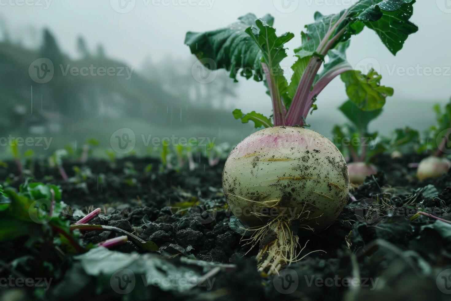 ai generato rapa nel suolo illustrare agricoltura, agricoltura, verdura, Ritaglia e freschezza nel un' nebbioso campo foto