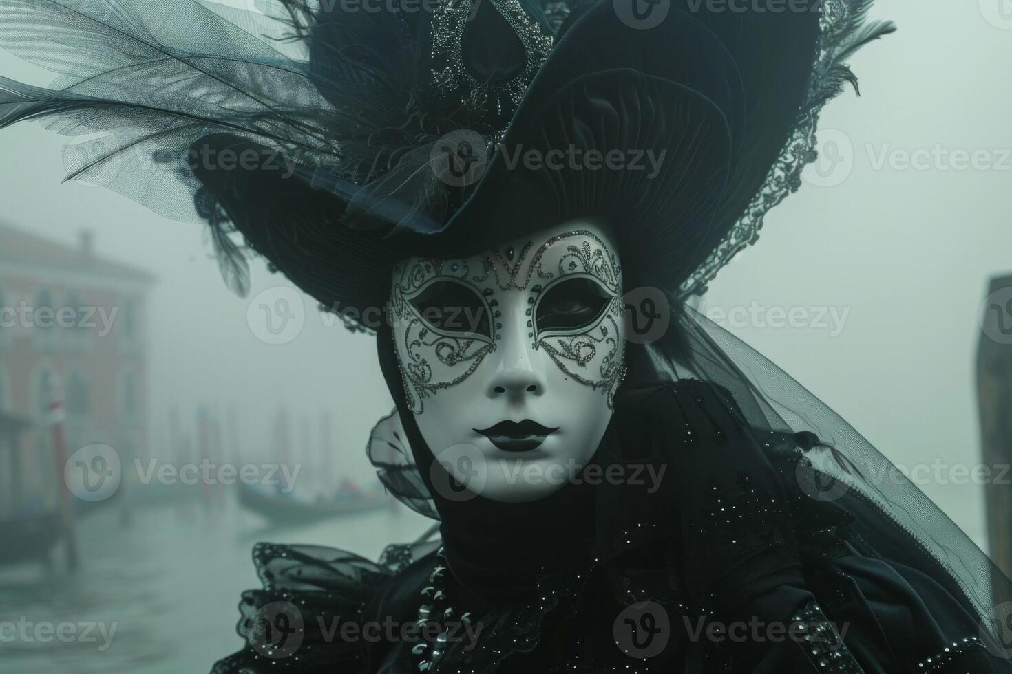 ai generato Venezia carnevale vetrine un' mascherato persona nel ornato costume con masquerade mistero e italiano cultura foto