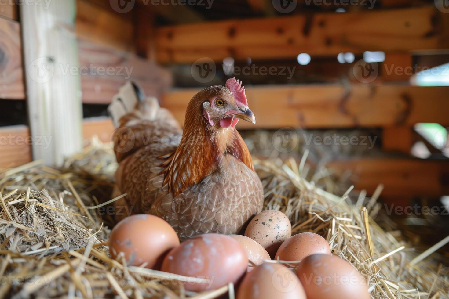 ai generato gallina posa uova nel un' azienda agricola cannuccia nido dentro un' di legno fienile foto