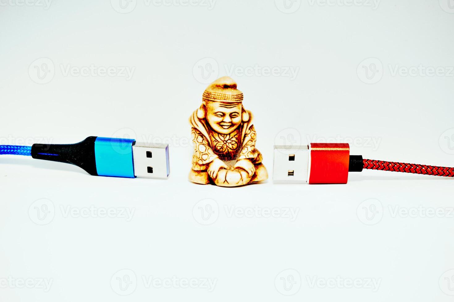 buddista monaco, moderno tecnologia Collegare e Chiacchierare. rosso e blu USB cavi foto